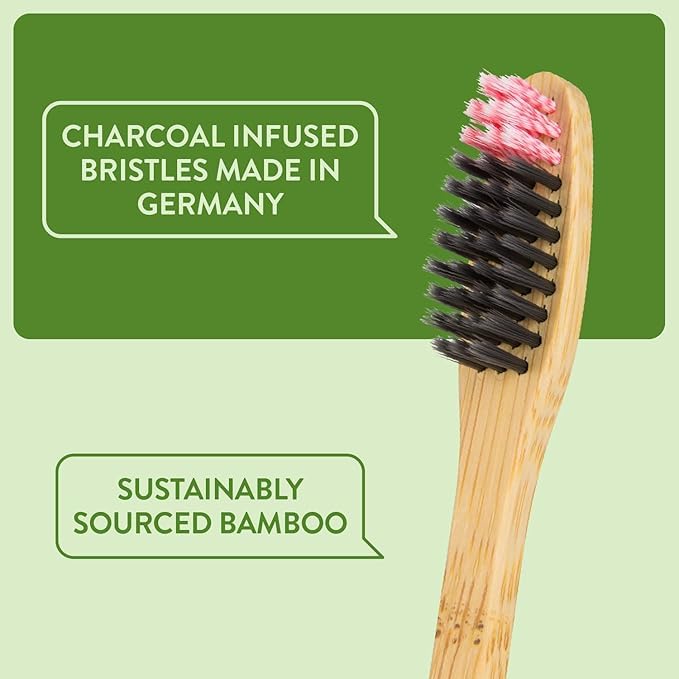Lindo EcoGrip Charcoal Infused Bamboo Toothbrush - Soft German Made Fiber Bristles, Organic and Recyclable, Multi-Colored - Pack of 4 - Image 3